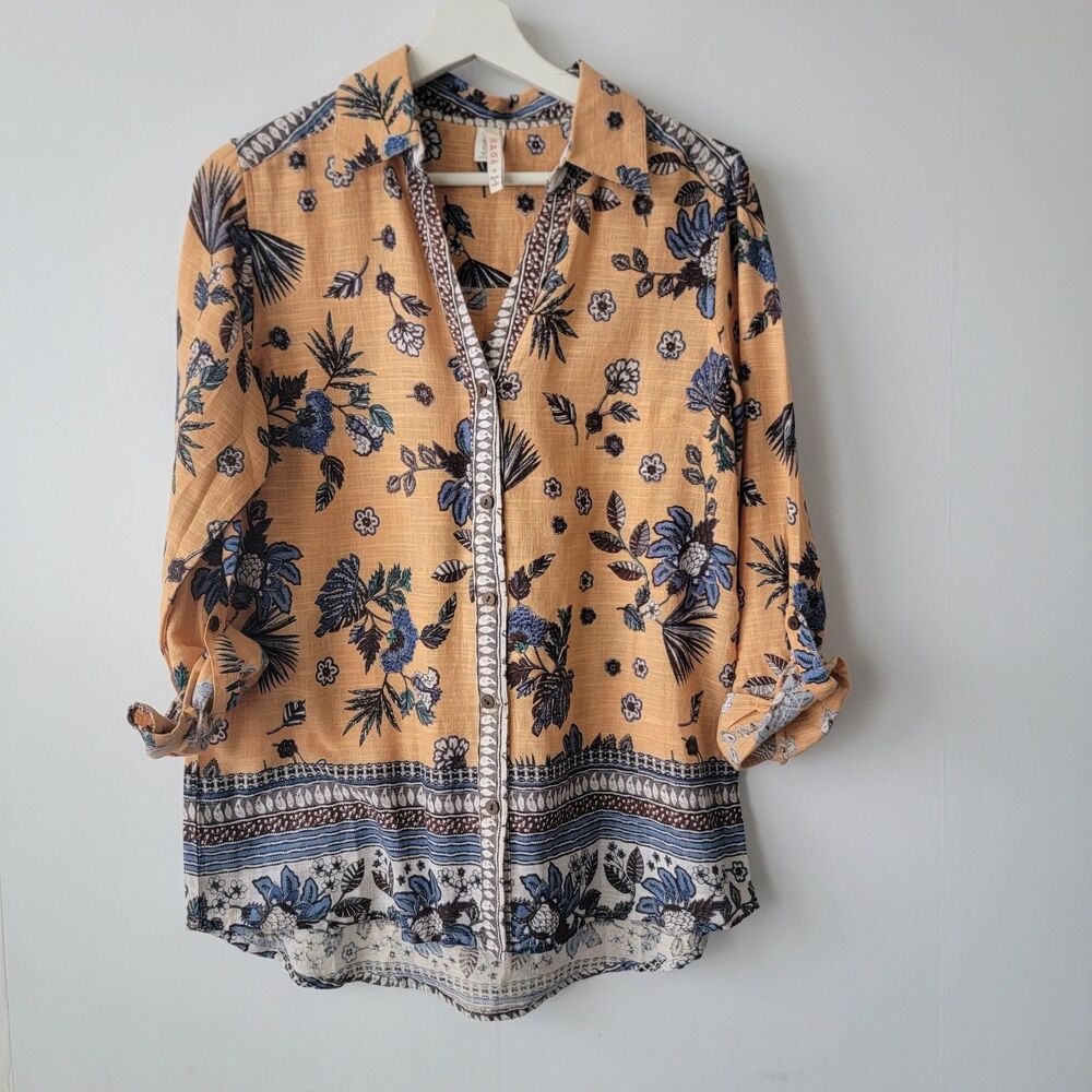 Raga womens floral shirt size S button front roll-tab sleeve boho cotton